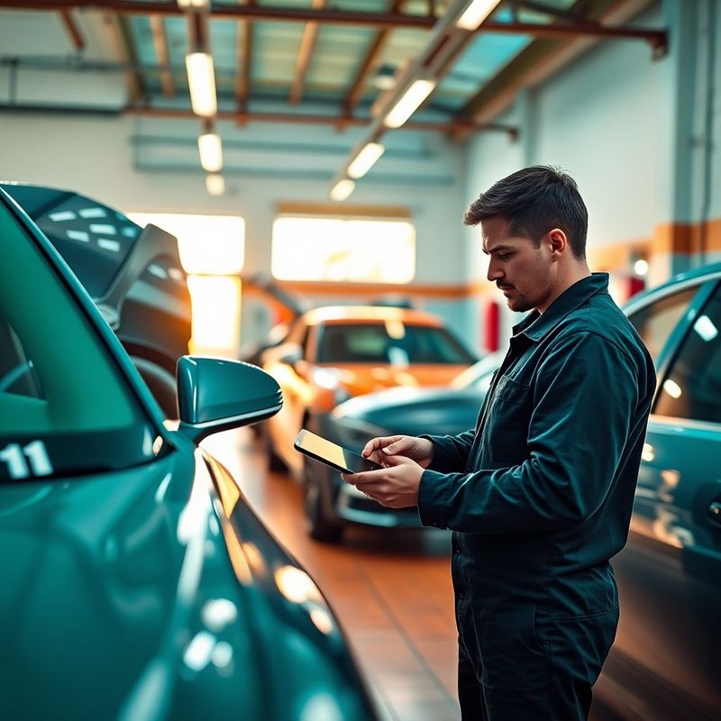 Técnico inspeccionando un coche con tablet en un taller luminoso