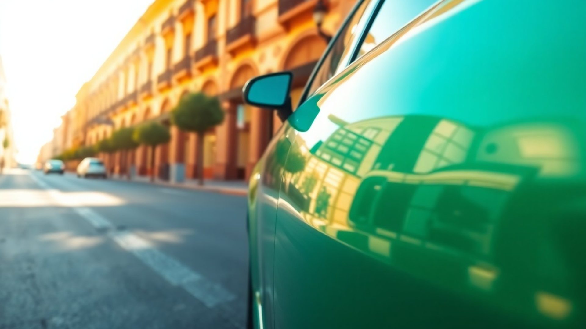 Coche nuevo bajo la luz cálida de una calle de Sevilla
